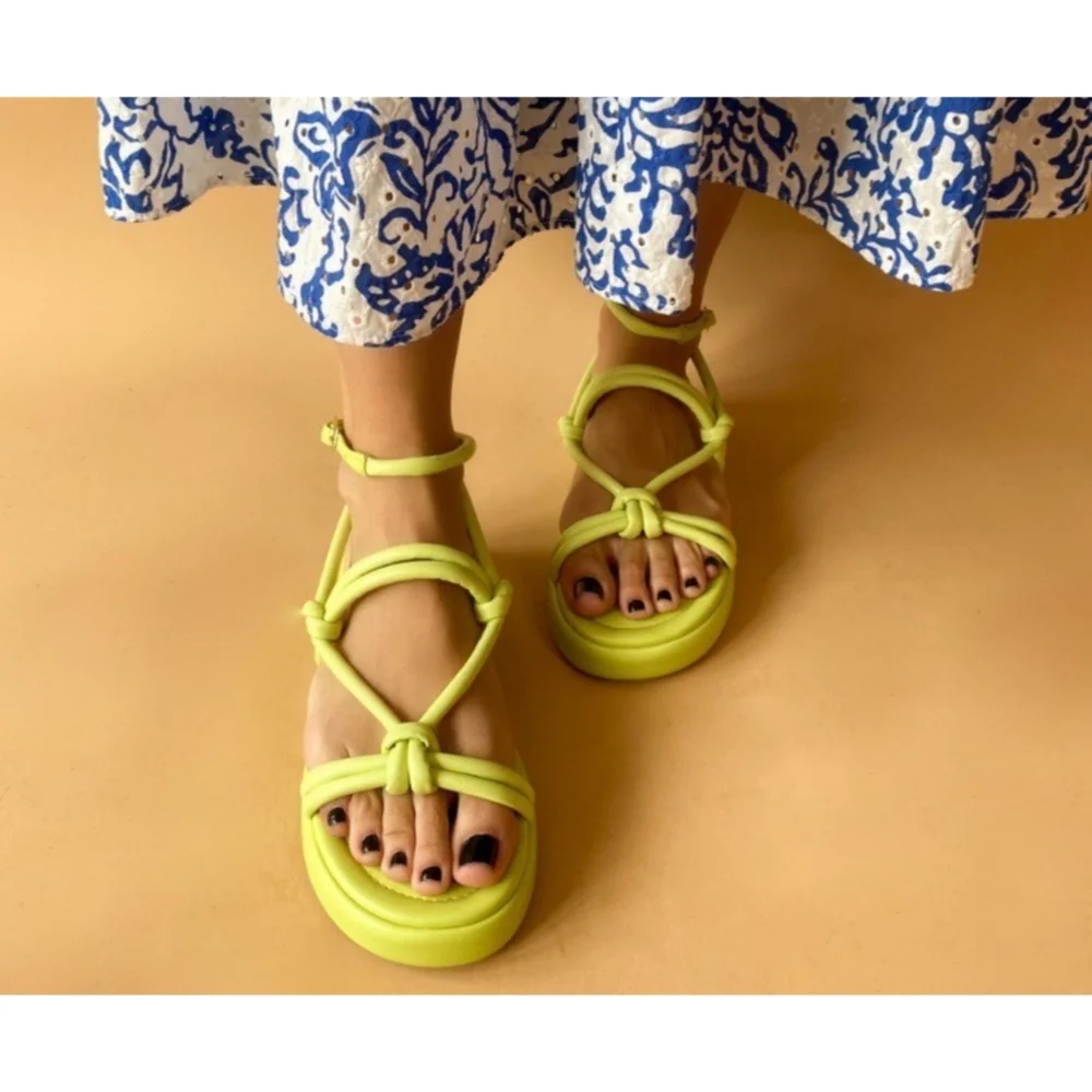 Off Yellow Flatform Knotted Sandals Womens Sz 7 Ankle Strap Chunky Heel Platform - Picture 2 of 16